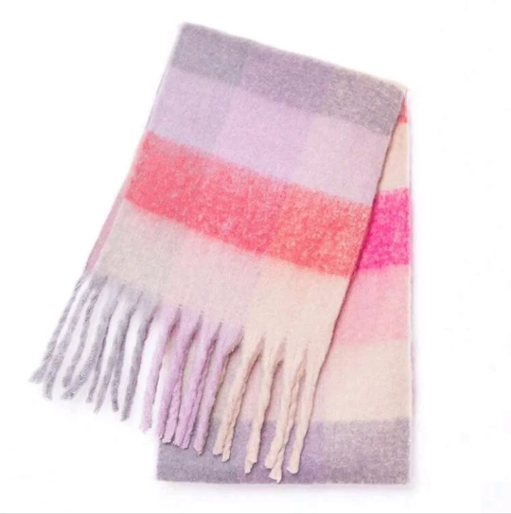 Soft Plaid Pink Multicolored Checkered Scarf With Fringes